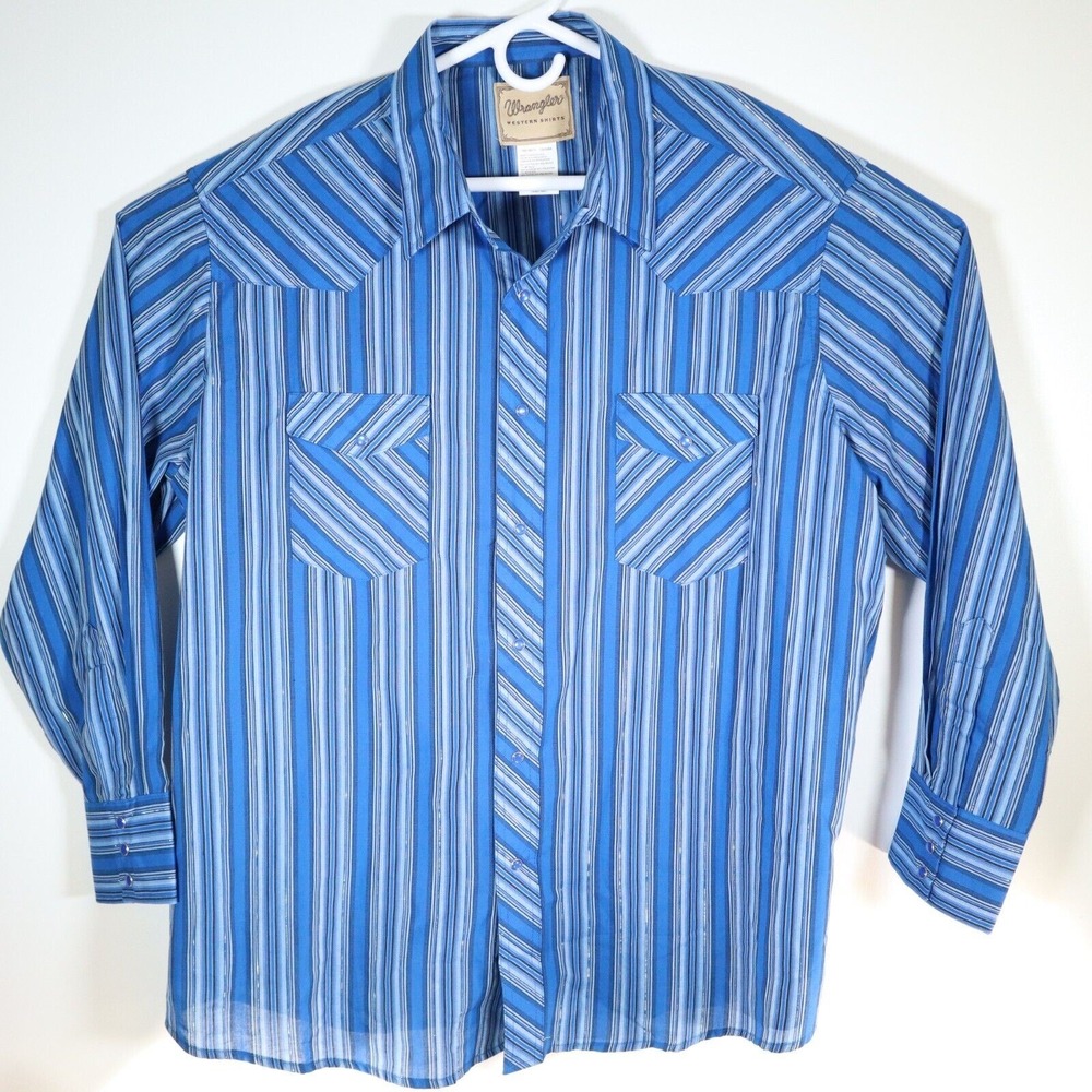 Wrangler Shirt Mens 2XL Blue Striped Pearl Snap Button Up Western Wrancher